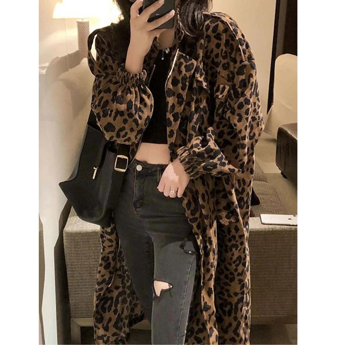 Elegant American Leopard Print Long Sleeve Women's Coat Loose Fit Autumn Fashion Korean Style Windbreaker Casual Workwear