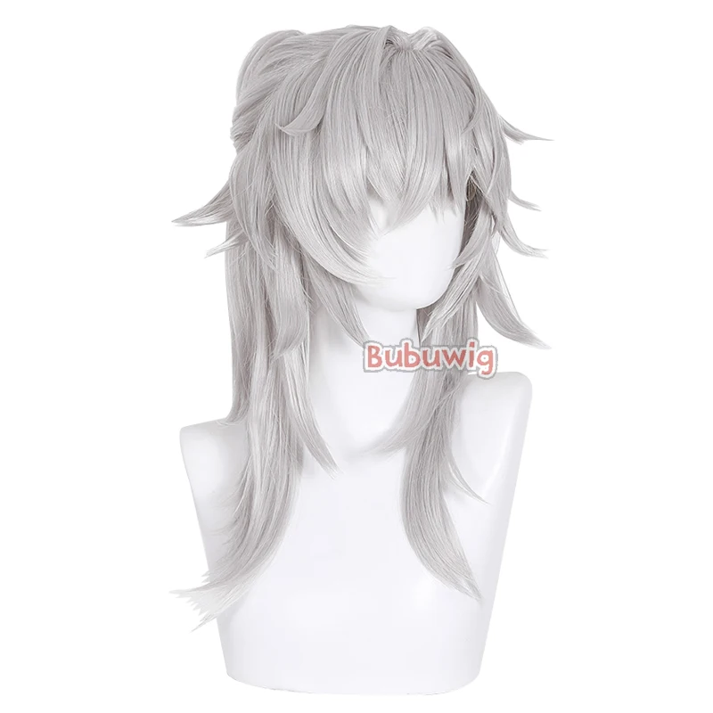 Bubuwig-Peluca de cabello sintético para Cosplay, pelo de cola de caballo, color gris plateado, 60cm de largo, Honkai: Star Rail Jing Yuan, resistente al calor