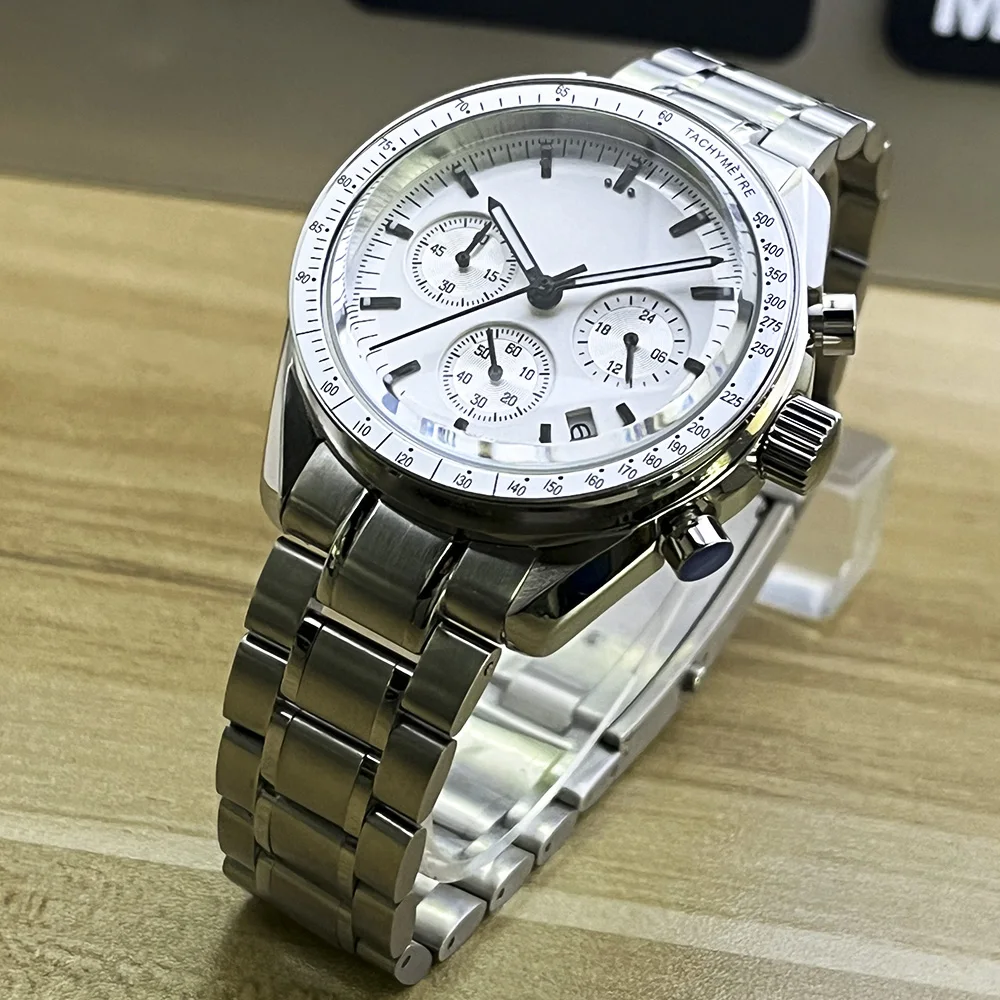 

Мужские водонепроницаемые кварцевые часы Vk63, 40 мм, высококачественный хронограф с белым циферблатом и завинчивающейся заводной головкой AA