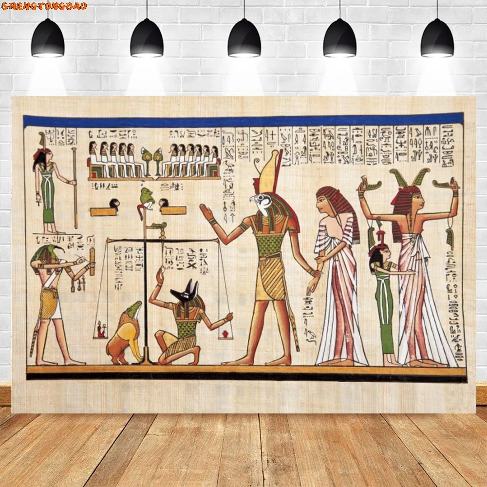 Toile de fond de motif de fresque d'Egypte de prairie, pharaon égyptien vintage, figure d'Anubis, religion, décor de mur intérieur, fond de photographie
