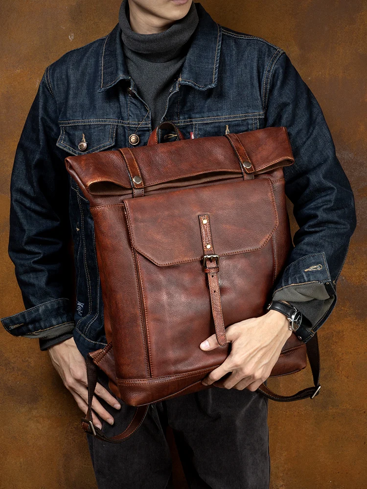 Vintage Genuine Leather Men Backpack Large Capacity Cowhide 16 Inch Laptop Bag Computer Schoolbag Travel Backpacks 2024 New