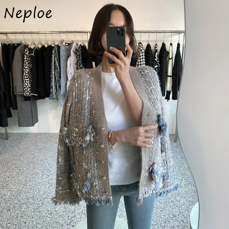 Neploe elegante scollo a v Cardigan lavorato a maglia di colore misto donna sciolto maglione a maniche lunghe cappotto donna nappa frange Cardigan