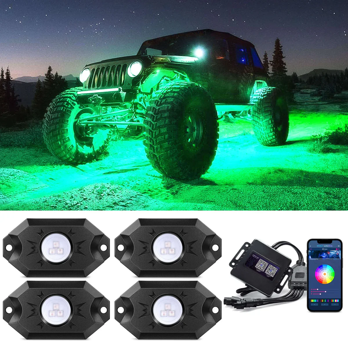MICTUNING CM RGB LED Rock Lights Kits 4 Pods, 2nd-Gen RGB LED Rock Lights, APP Control