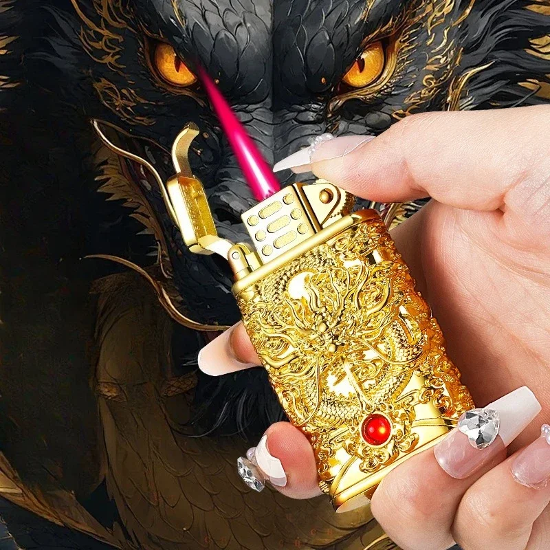 Relief Dragon Pattern Retro Metal Inflatable Windproof Lighter High-quality Gift Lighter Domineering Appearance Smoking Tool