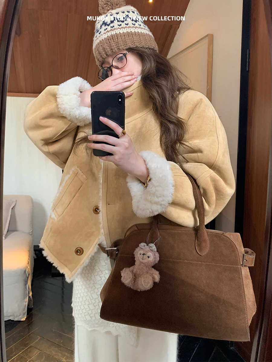 

MUKOK Eco-Friendly Thiened Lamb Fur ort Coat Retro Sle oulder Lengthened Color Colion Inteated Leather And Fur