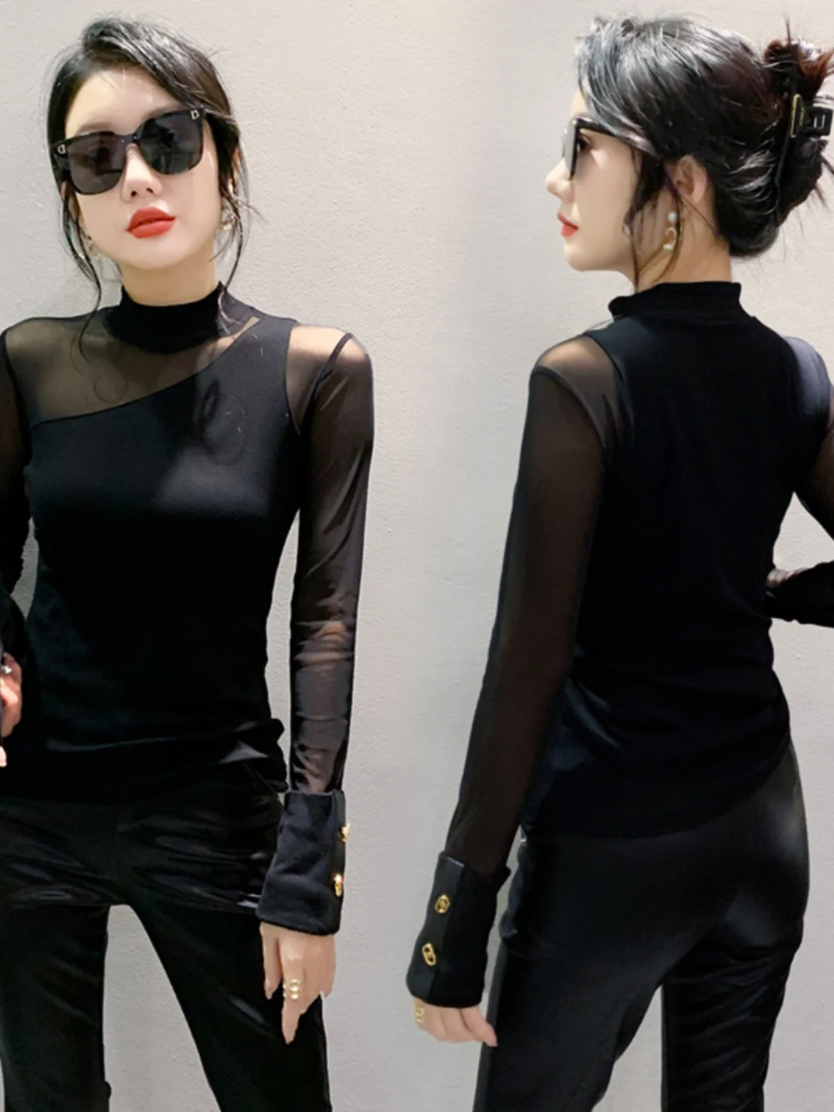 S-4XL Autumn Cotton Spliced Mesh T-shirt Women Half High Collar Long Sleeve Stretch Slim Black Tees Tops BH9859