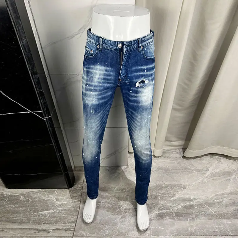 Men Blue Vintage Washed Ripped Splash‑ink Stretch Slim Denim Jeans Hip‑Hop Streetwear Fashion Denim JeansY2K