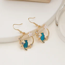 Fashion Cute Cat Earrings for Women Korean Sweet Cartoon Moon Flower Geometric Dangle Earrings Girls Birthday Party Jewelry Gift
