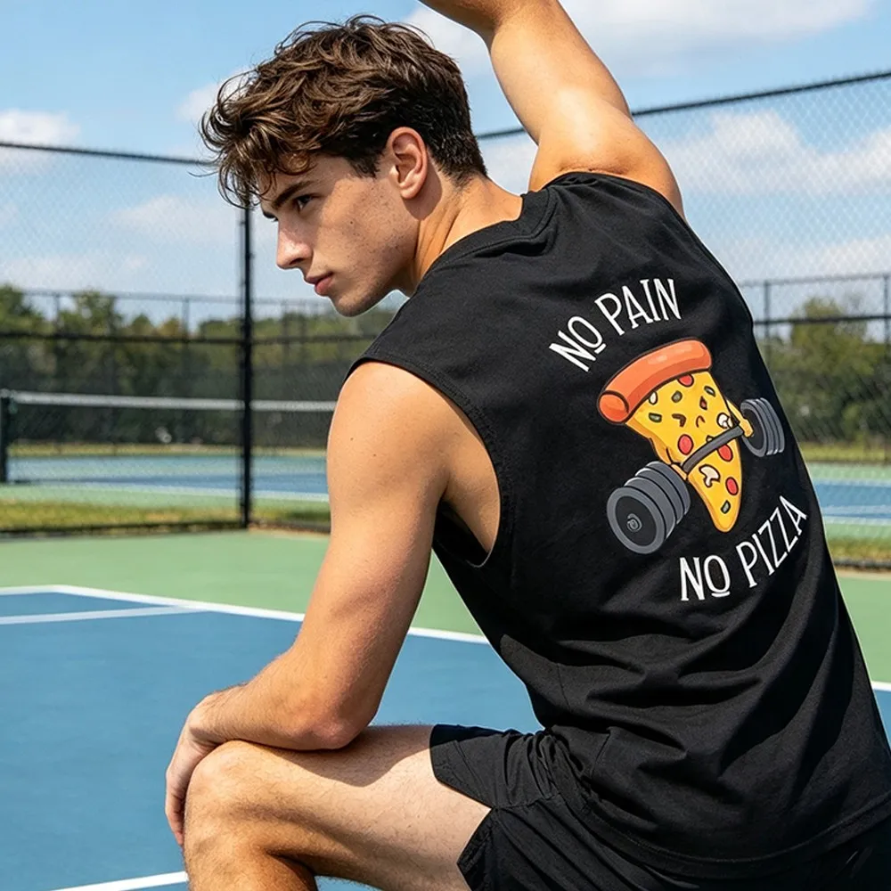 Funny Pizza Slice Barbell Sleeveless Tank Top Cute Cartoon No Pain No Pizza Printing Men's Vest Gym Casual Cotton Tank Top