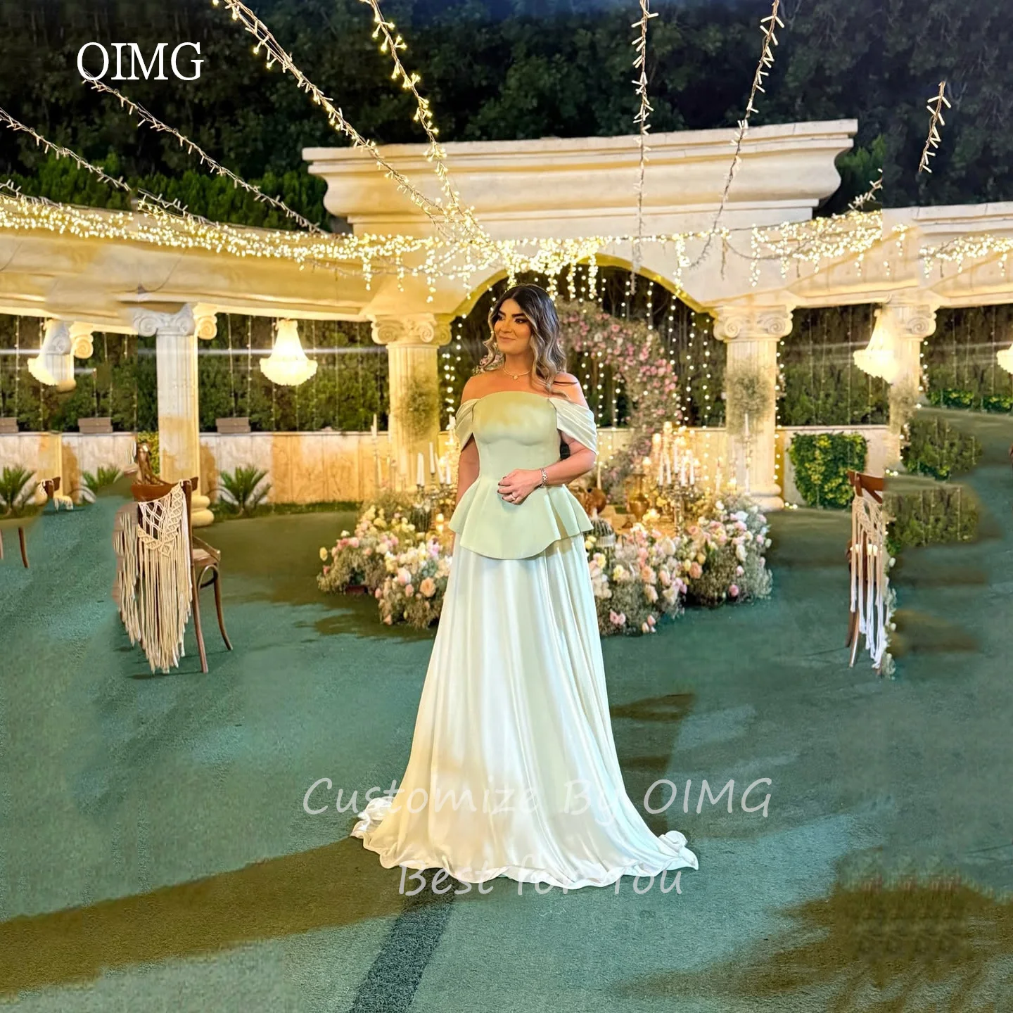 OIMG Verde Al Largo Della Spalla Una Linea di Abiti di Promenade Backless Increspato Abito Del Partito Abito Da Sera Lungo abiti da festa Personalizzato