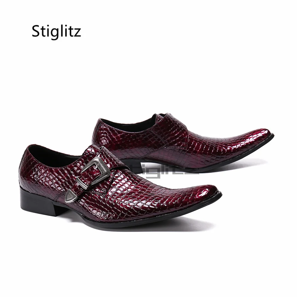 

Wine Red Leather Wedding Shoes for Men British Stylish Pointed Toe Shoes Dress Genuine Leather Buckle Casual Business Shoes