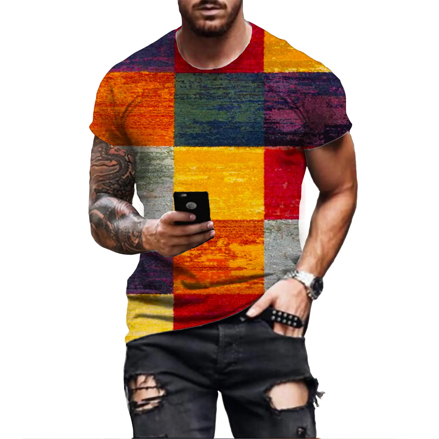 2022 Summer Fashion T-shirt Men\'s 3D Printed T-shirt Breathable Street Style Stitching Print T-shirt Men\'s tee
