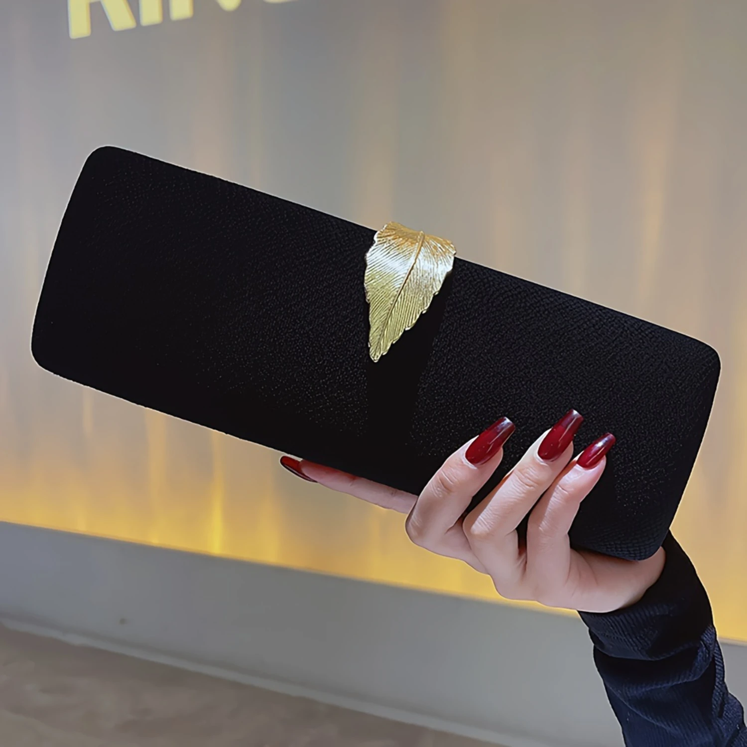 

Velvet Leaf Accent Evening Clutch - Bridal Purse with Crossbody Chain for Formal Events