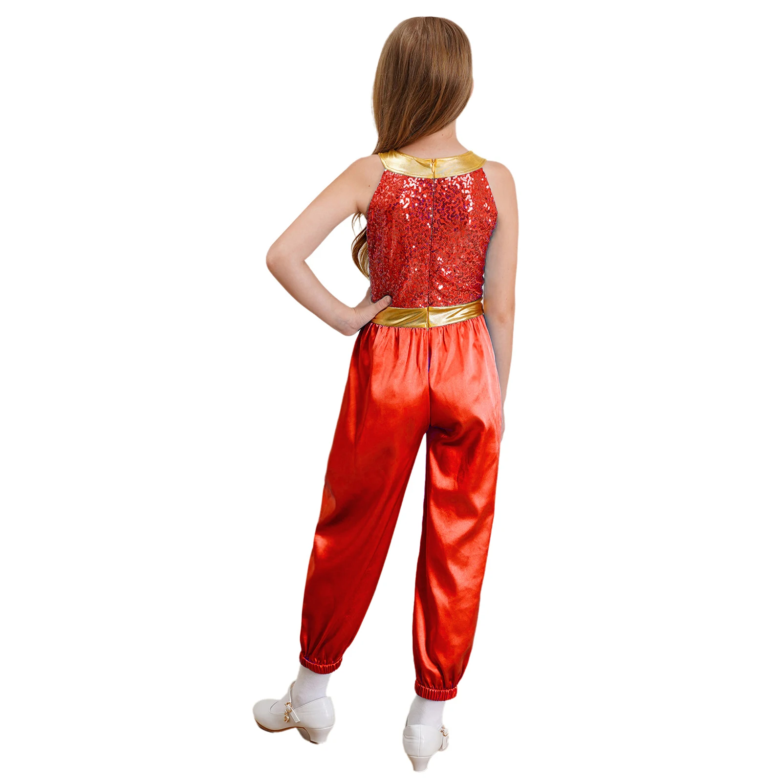 Kids Girls Arabian Princess Cosplay Costume Sleeveless Sequins Bodysuit Belly Dance Jumpsuit Halloween Themed Party Dress Up