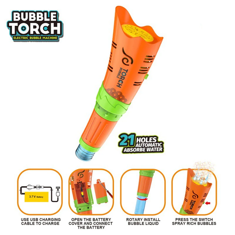 21 Holes Electric Bubble Torch Stick Machine Outdoor Party Game Fully Automatic Blowing Bubble Wand Parent-Child Interactive Toy