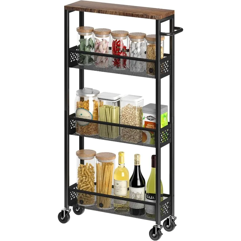 Slim Storage Cart 4 Tier Narrow Kitchen Rolling Cart on Wheels for Small Space, Mobile Utility Cart Shelving