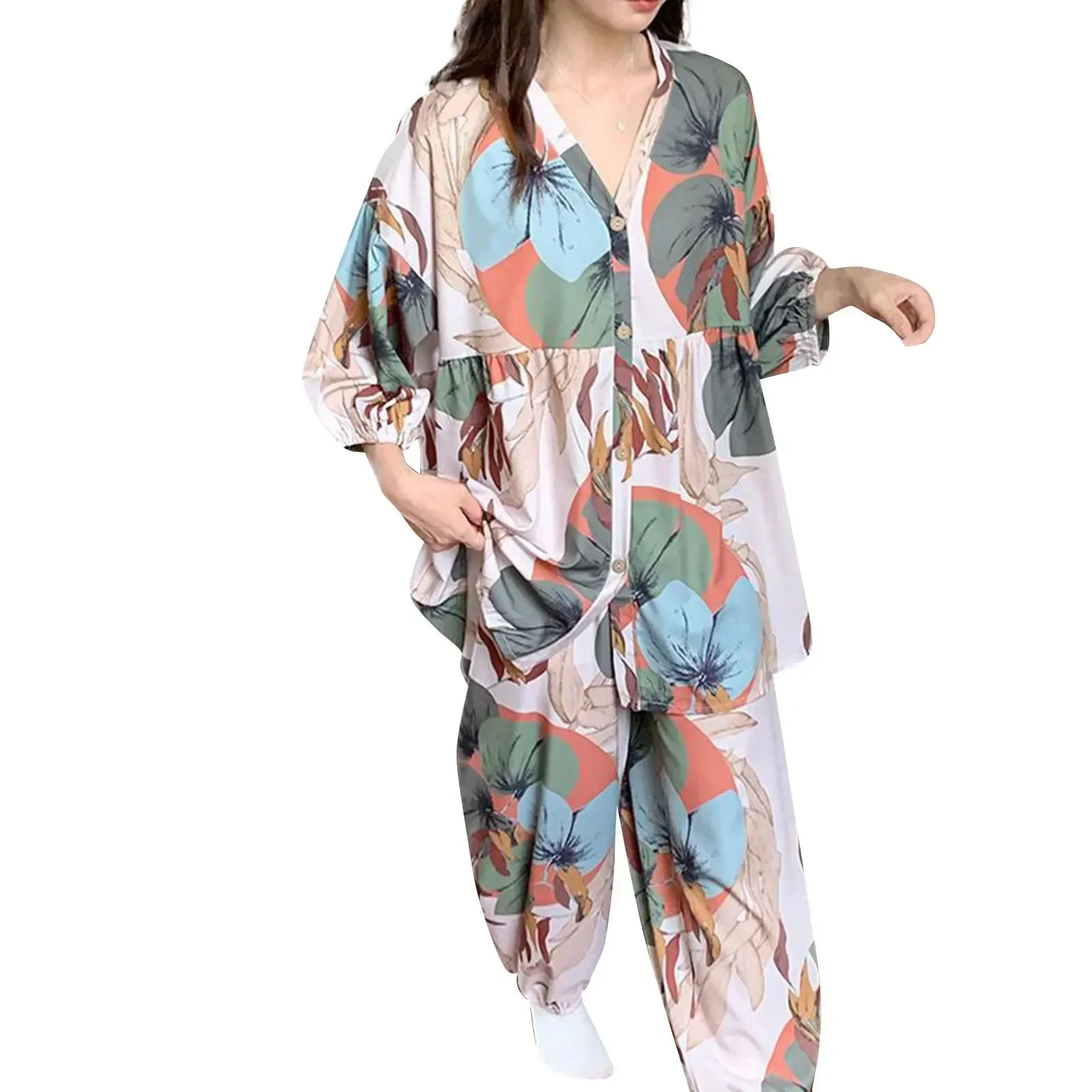 Conjunto para el hogar, conjunto de gran tamaño, camisa de pijama informal larga holgada a la moda para mujer, pantalones 2023, dos piezas con ropa