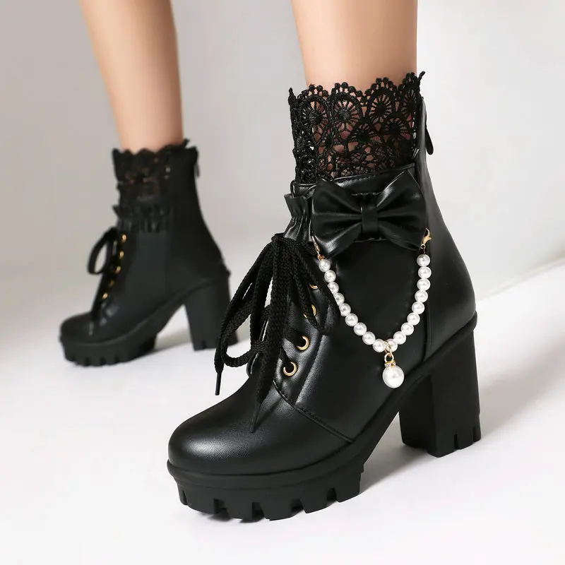 

Women's Lolita Ankle Boots Black Pearl Chain Lace Bow Chunky Heel Platform Boots 9.5CM High Heel Short Booties for Women