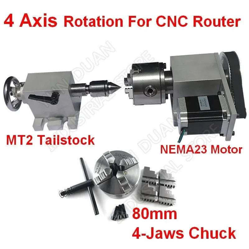 

4 Axis rotation A Axis Extend Rotary & 4 Jaw 80mm Chuck and Nema23 stepper motor& MT2 Tailstock for wood CNC Milling Router