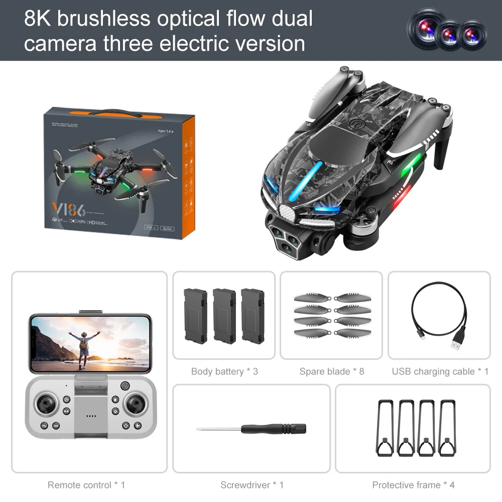 V186 Drone WIFI FPV 360° Laser Obstacle Avoidance Brushless Motor Optical flow localization 4K HD Three Camera RC Quadcopter Toy