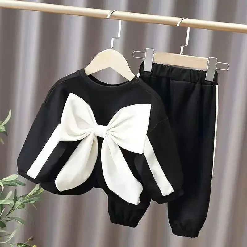 

New Spring and Autumn Fashion Cute Bow Loose Sweater Pants Two-piece Children's Clothing Suit Baby Girls Autumn Suit 2025