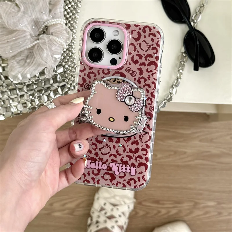 

Luxury leopard Hello Kitty Glitte Magsafe Wireless Charge Case For iPhone 13 14 15 16 Pro Max Bling Diamond KT Magnetic Holder
