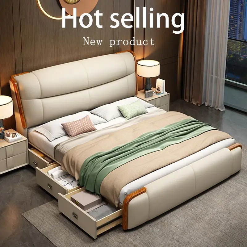 Leather bed in black gold wood Master bedroom double queen bed cowhide solid wood bed