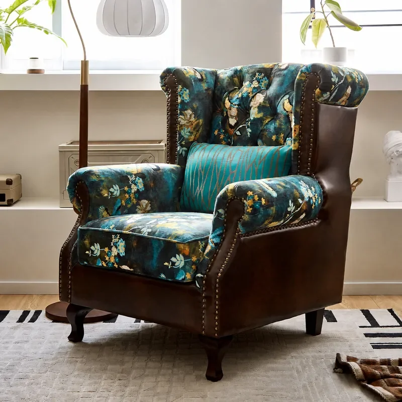 Retro High Back Armchair Solid Wood Frame Leather Fabric Upholstery Single Sofa Chair for Living Room Bedroom Balcony Leisure