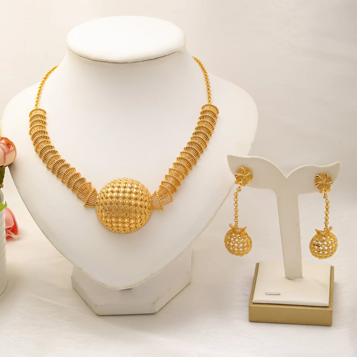 Liffly Dubai African Bead Necklace Earrings Jewelry Sets for Women 24K Gold Plated Nigerian Bridal Wedding Party Gift Jewellery