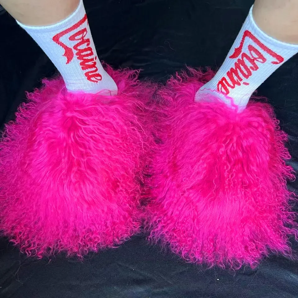 

Custom Slides Fluffy House Slippers New Designer Mongolian Fuzzy Fur Slides Long Hair Sheep Fur Slippers