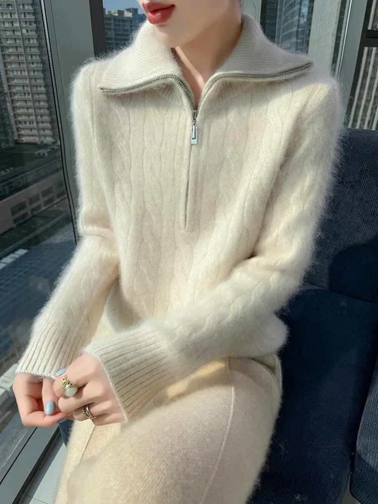 TLOML Maglione da donna in cashmere visone 100% colletto rovesciato pullover con mezza cerniera autunno inverno visone cashmere cavo maglieria top