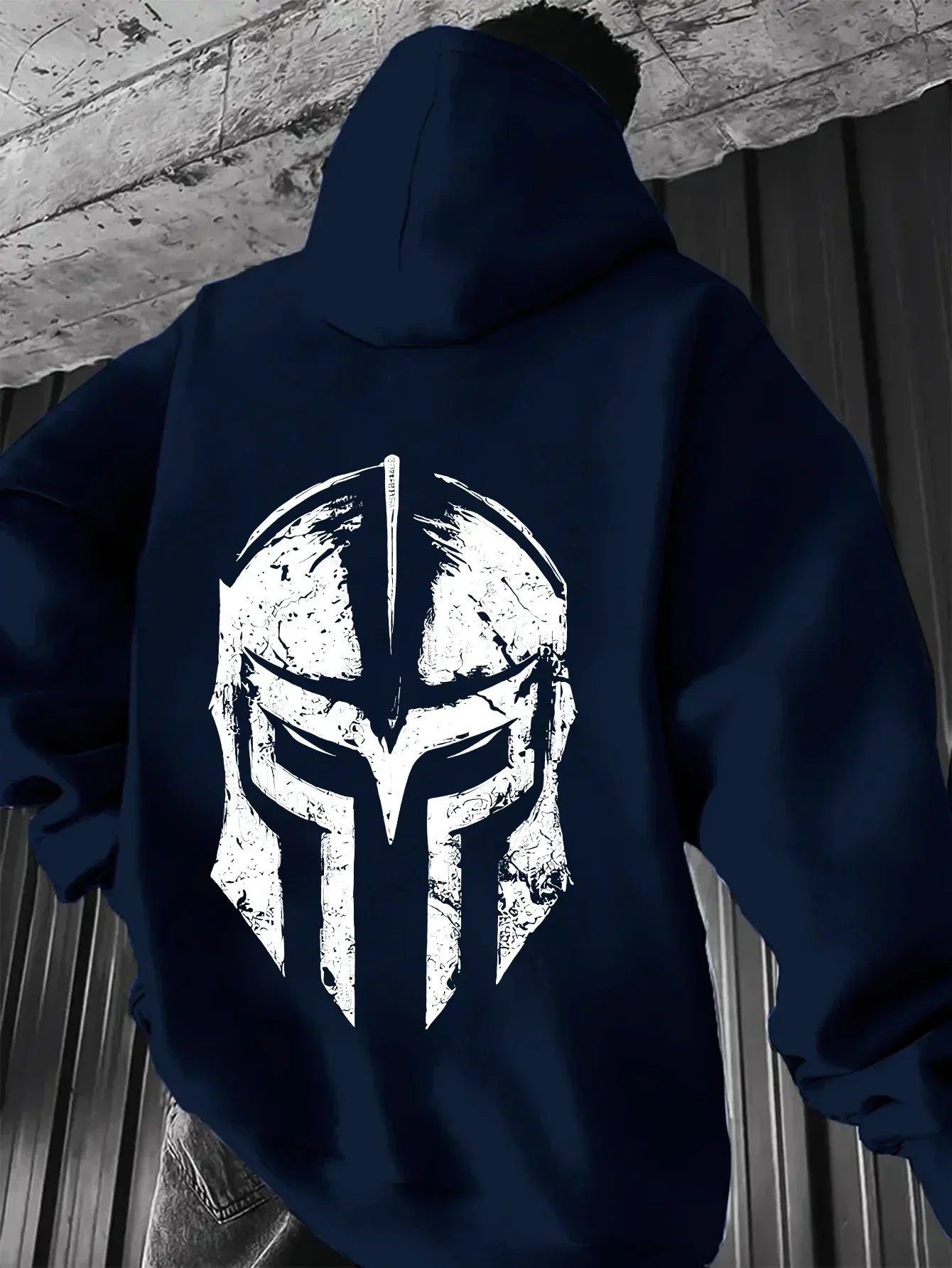 Vintage Spartan Helmet Graphic Hoodie, Unisex, Distressed Warrior Mask Print Hooded Pullover Ancient Warrior Street Sweatshirt