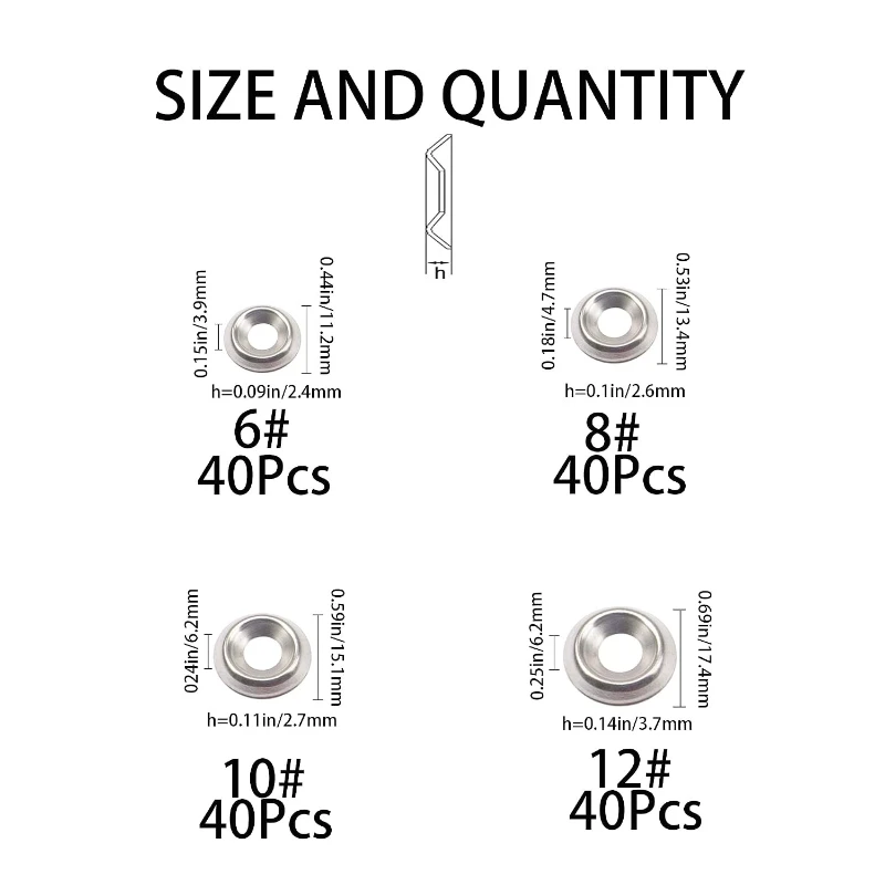 160pcs 6#/ 8#/ 10#/ 12# 304 Stainless Steel Countersunk Concave-convex Washer Hollow Decorative Fisheye Gasket with Tweezers