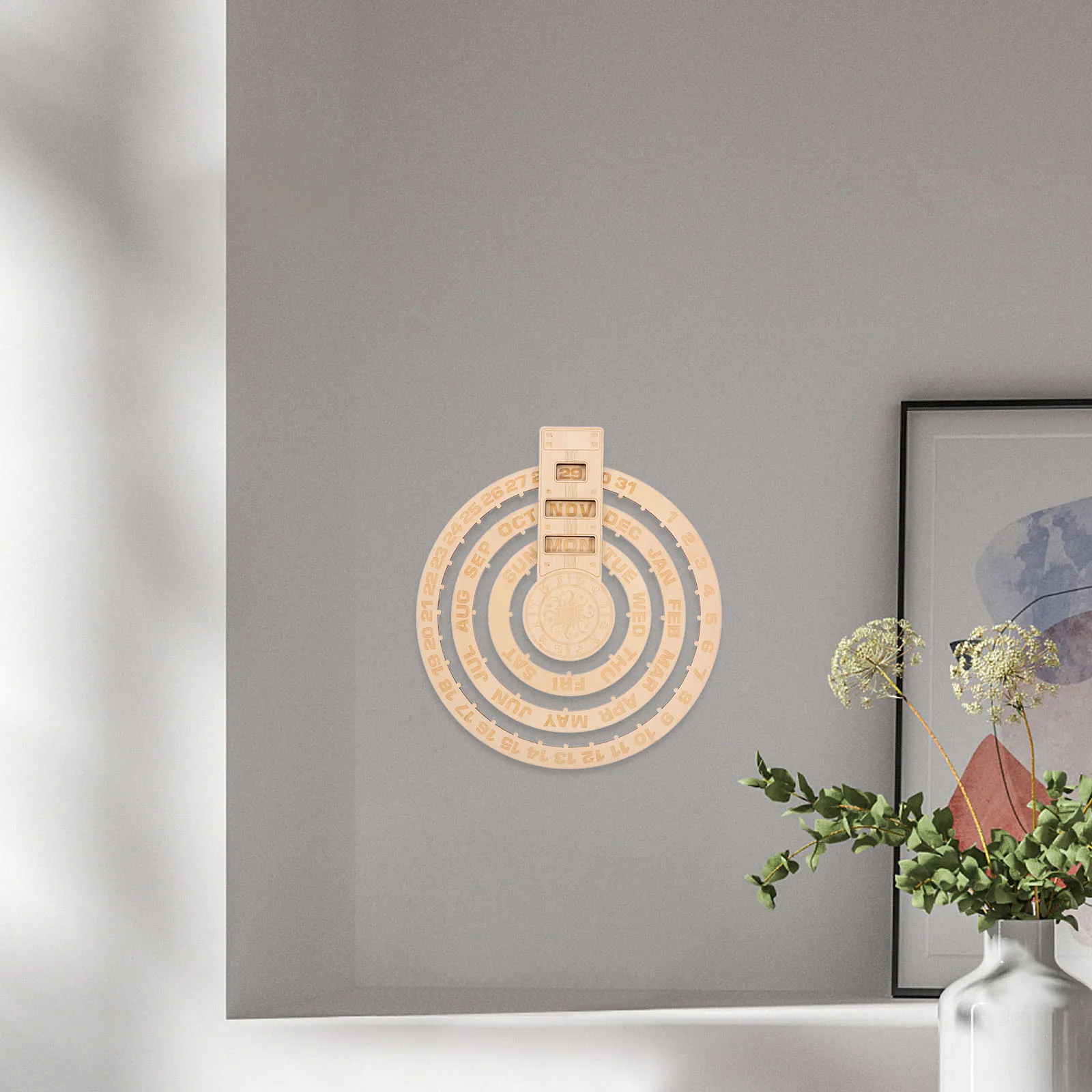 

Wood Color Wooden Perpetual Calendar Pendant Office Home Decor Circle Boxwood Desk Decorative