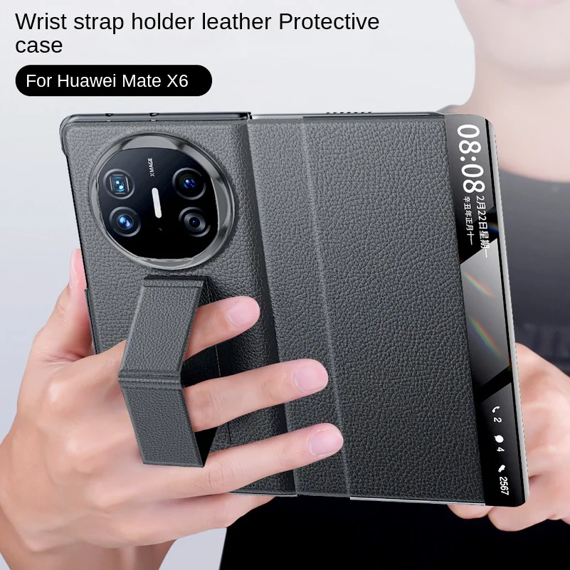 Wrist Strap Bracket Smart Hibernation Holster With Small Window Display Phone Case For Huawei Mate X6 Lining fluff Protect Cover