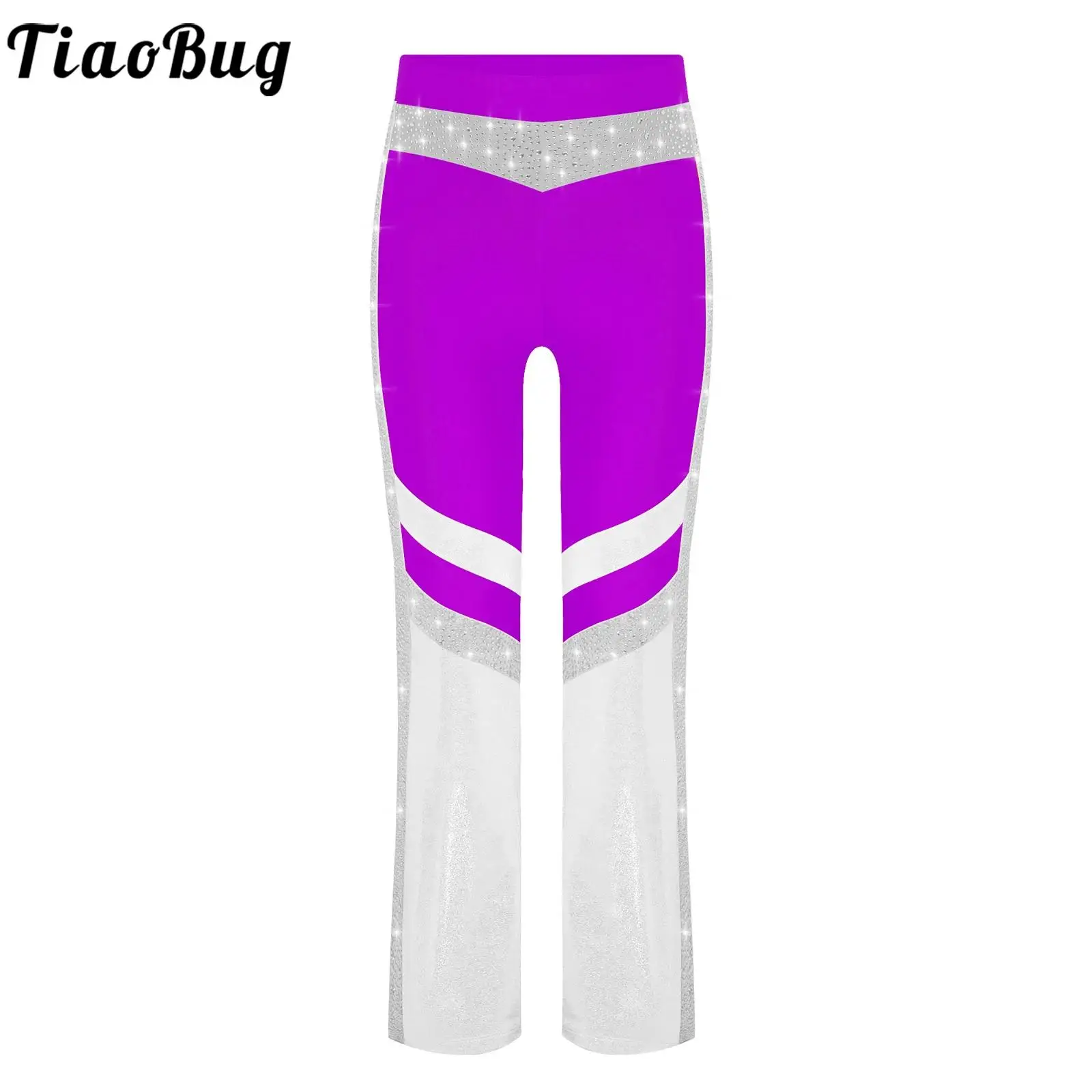 

Girls Gymnastics Acrobatics Dance Costume Jazz Modern Dance Flared Pants Elastic Waistband Color Block Bell-Bottomed Trousers