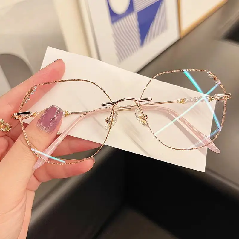 Diamond Cut-Edged Pearls Presbyopia Glasses for Women Large Frame Frameless HD Anti-blue Light Popular Fashion Reading Glasses