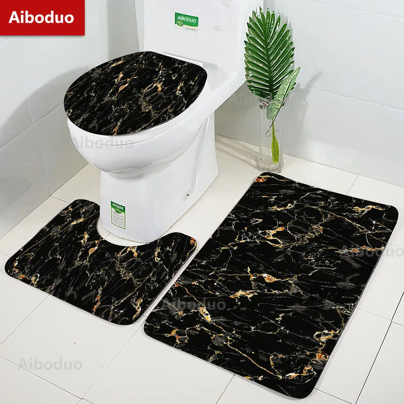 

Black Marble Texture High-quality Bathroom 3Pcs/set Mat Home Flannel Decoration Accessories Floor Rug Toilet Cover 40*60/50*80CM