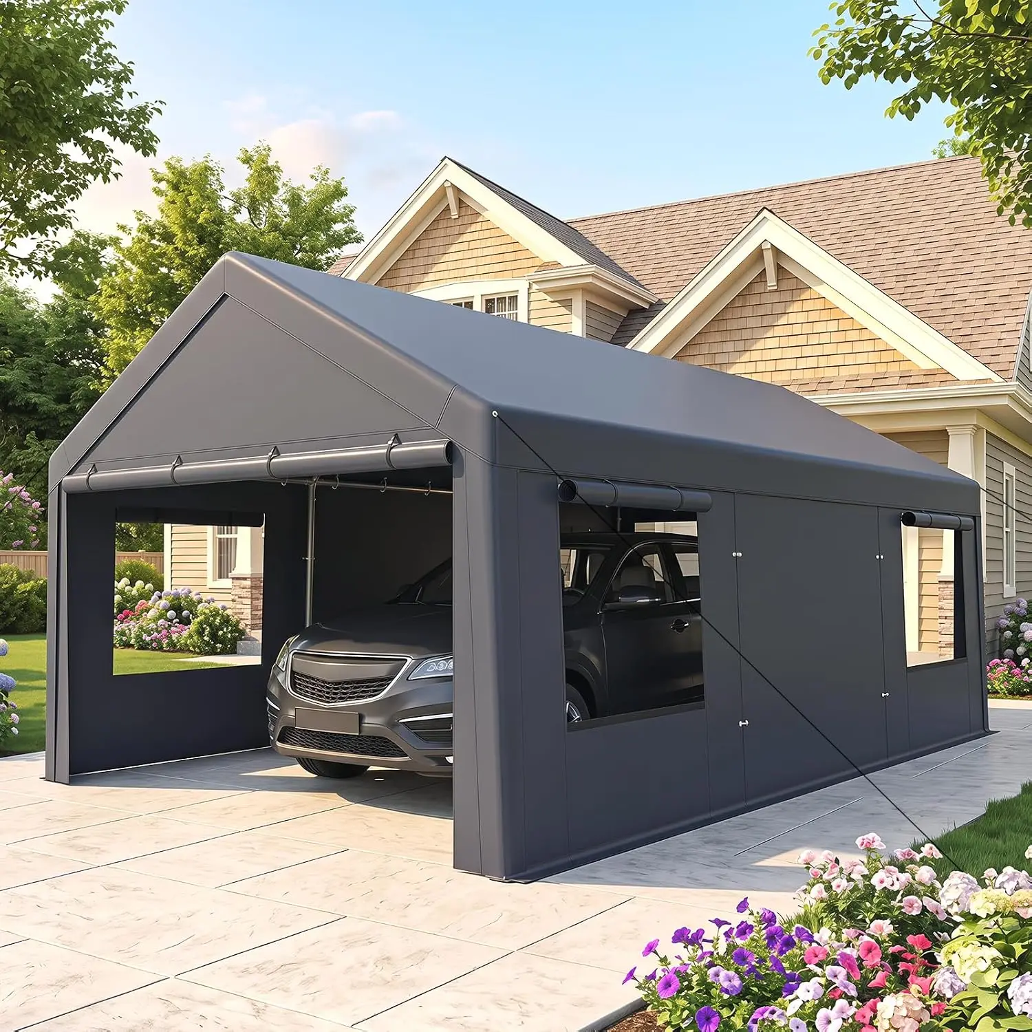 10x20FT Heavy Duty Portable Garage, Carport Canopy with 2 Doors & 4 Roll-Up Mesh Windows, PE Cover for Cars, Trucks & Boats