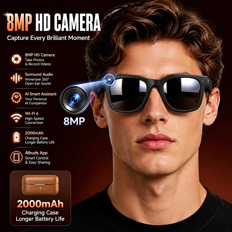 New AI Bluetooth Smartglasses 2000mAh Charging Compartment WIFI Photo Transmission 800W HD Camera Bluetooth Calling Smartglasses