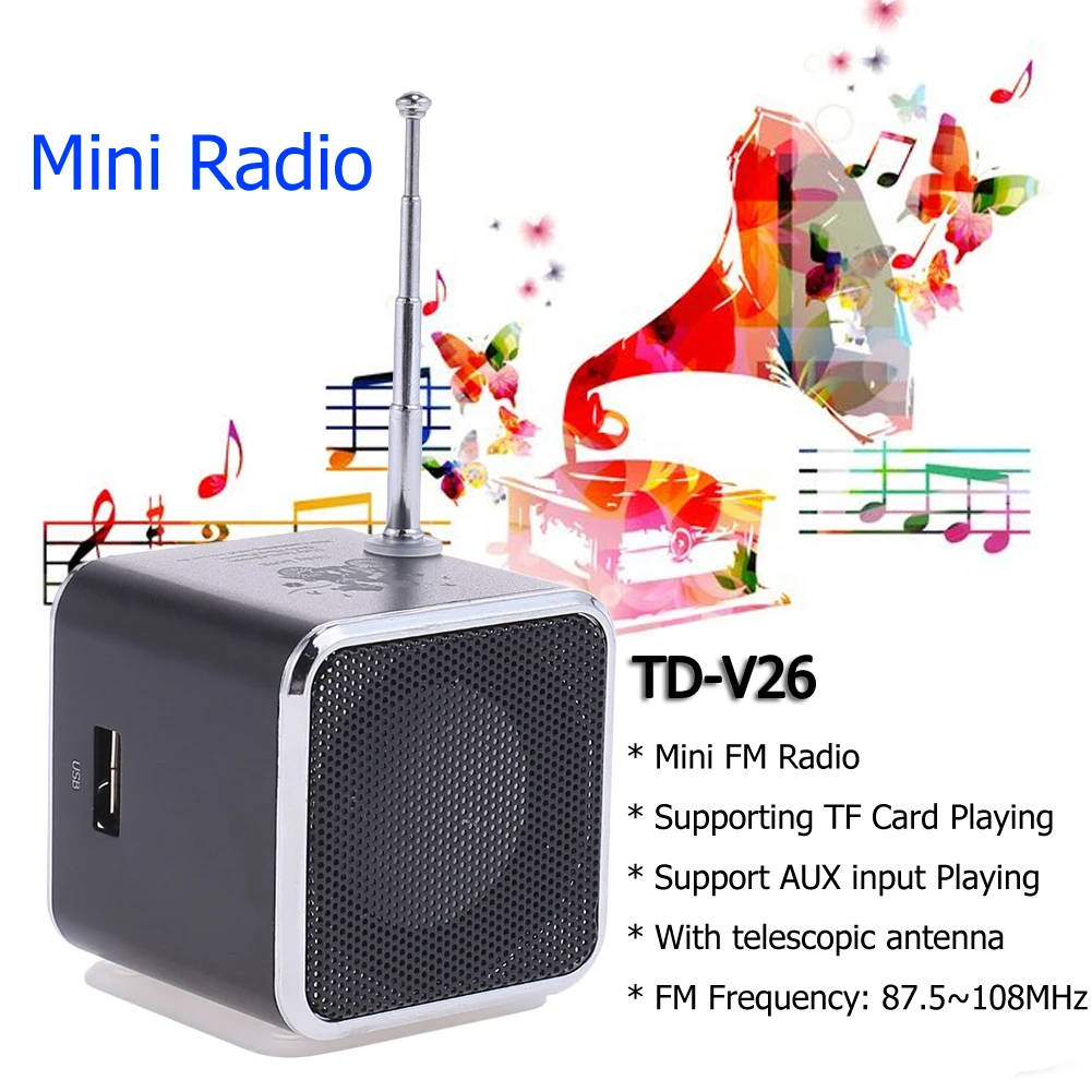 TD-V26 Portable Mini Radio Digital FM Radio Speaker Receiver 1inch LCD Display Stereo Loudspeaker Max Support 32G TF Card