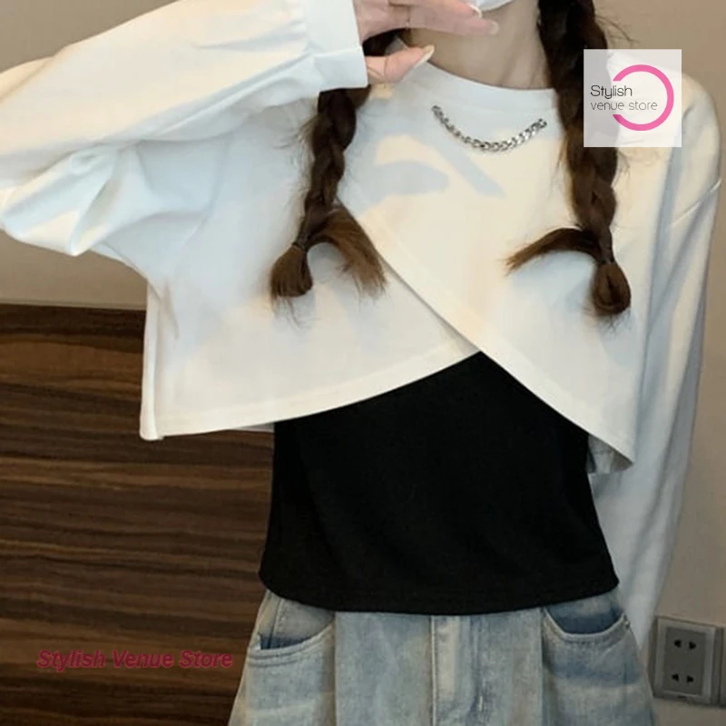 

Korean-style coffee sweater long-sleeved T-shirt women wear irregular two-piece tops in spring and autumn bottoming shirts.
