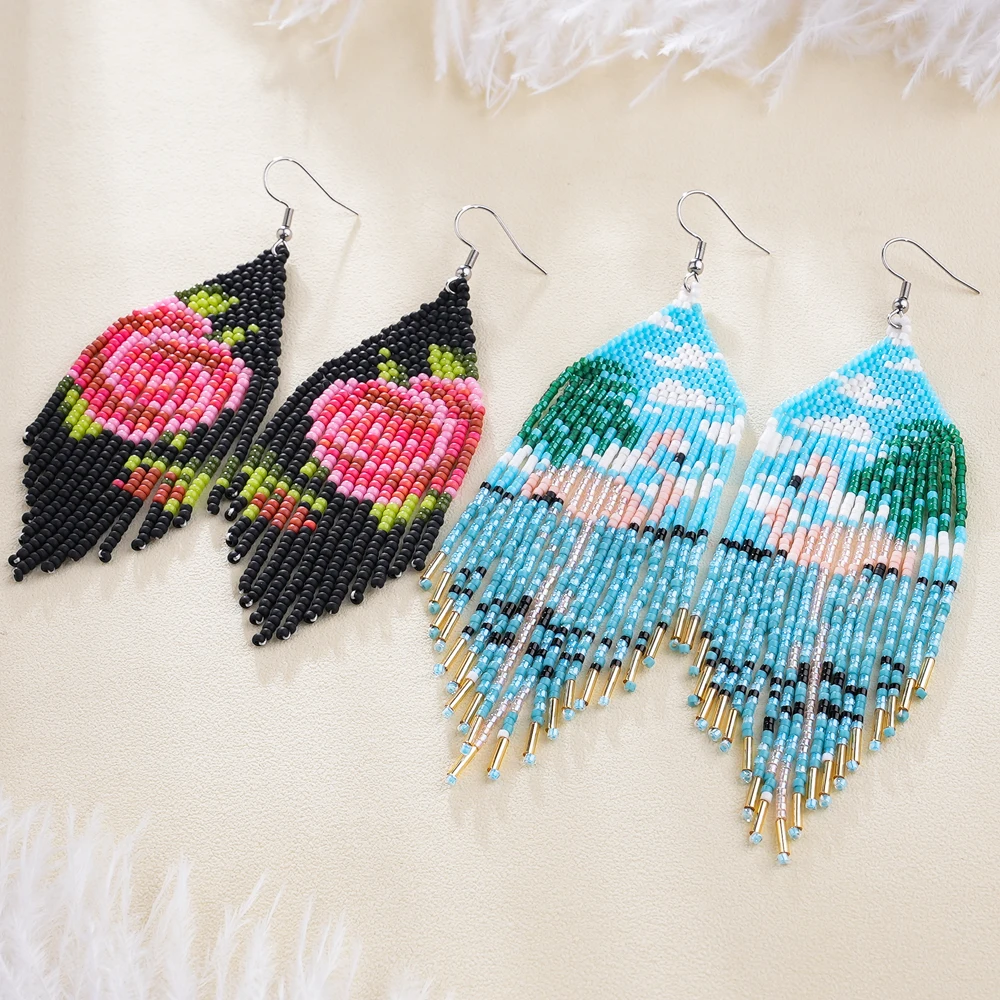 

Beaded earrings Tassel Originality Flowers The bird Colours Design Hand knitting Bohemia Alloy Fashion Simple Rice bead earrings