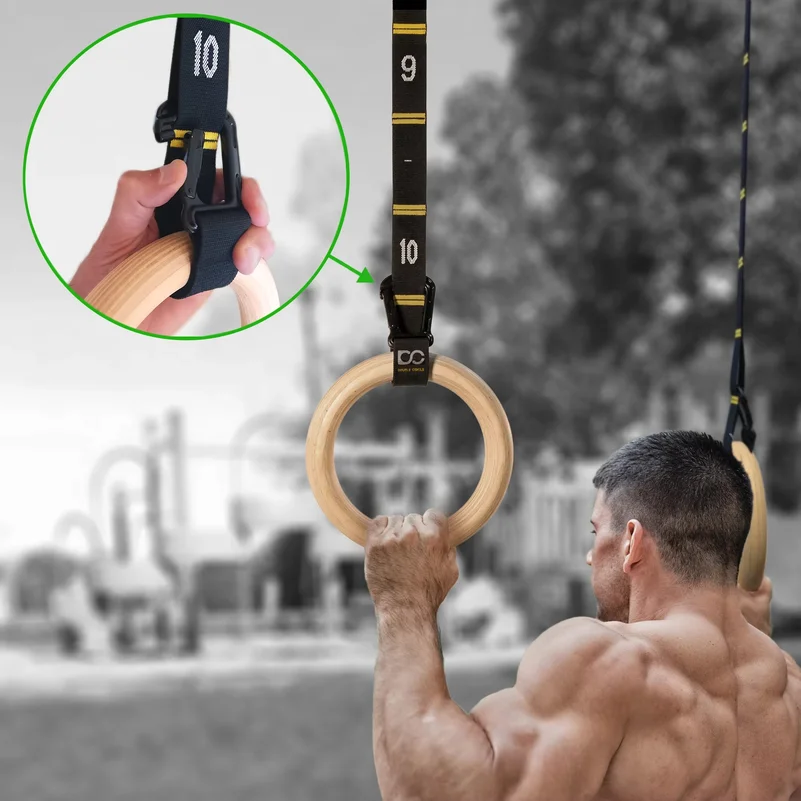 32MM Wood Gymnastic Rings Non-Slip Wooden Ring with Adjustable Straps  for Home Fitness Pull Up Strength Training Body Shaping