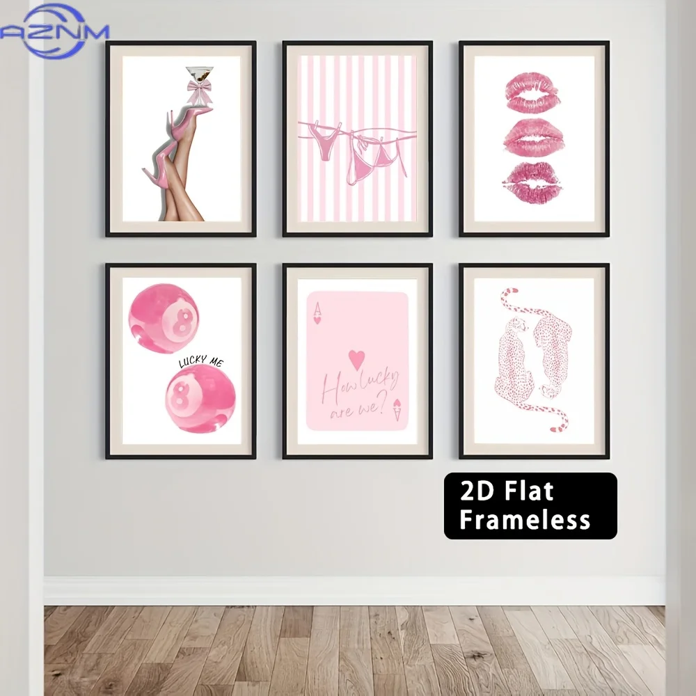 6pcs Frameless Canvas Printed Poster, Home Decoration Decorative Wall Art Trend Pink Girl Style Wall Decoration Painting, Seasid