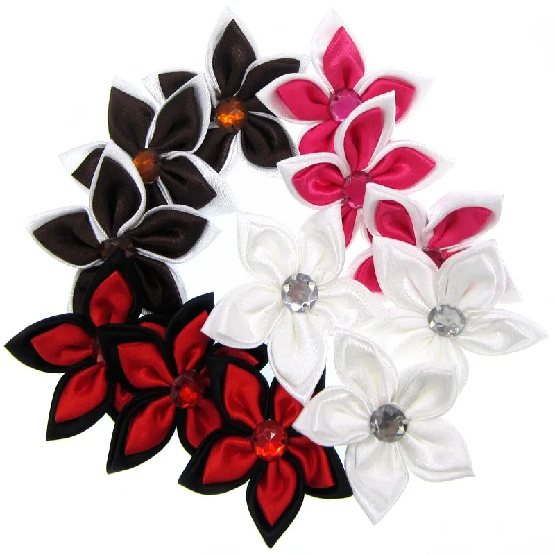 20Pcs Satin Flowers Rhinestone Star Shaped 2 Layers Applique Sewing Hair Bow Accessories Craft Decorations 5.0cm