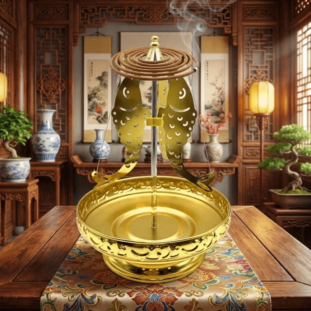Adjustable Center Rod Three-Fish Incense Holder Handcrafted Stainless Steel Incense Tray Holder Decorative Coil Frame Burner