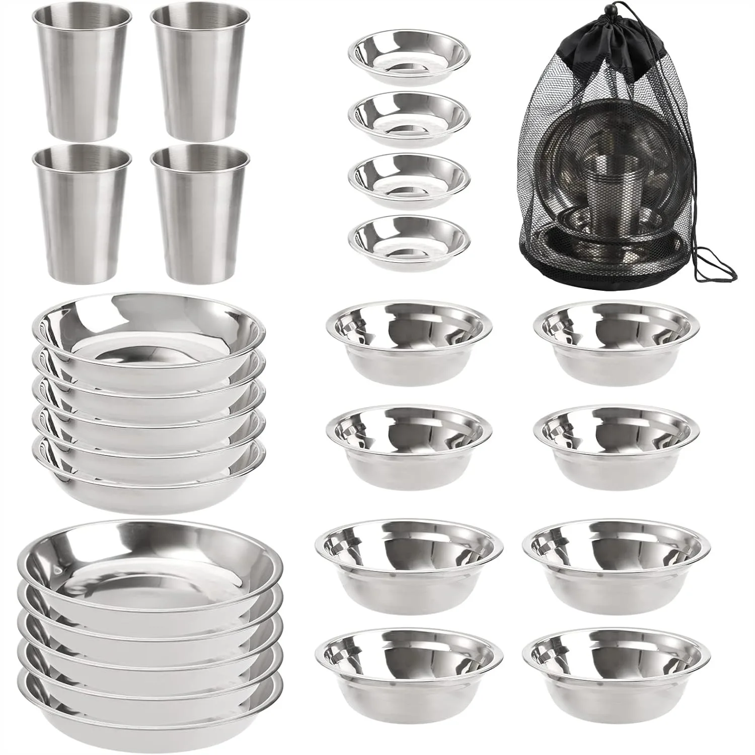 

26-Piece Stainless Steel Camping Mess Kit, Unbreakable Plates Bowls Cups Set for Outdoor Hiking Picnic BBQ Travel