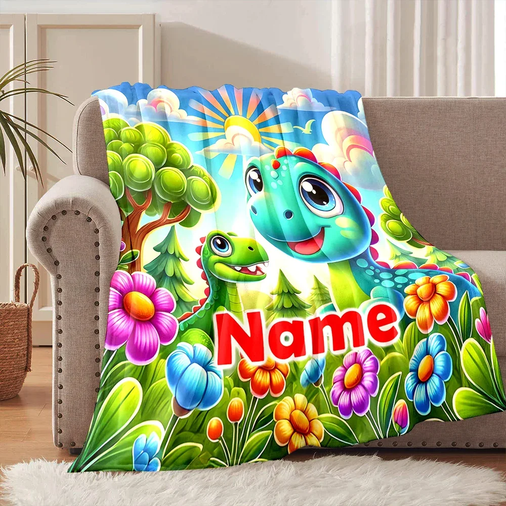 

Custom Name Blanket Cute Little Dinosaur Forest Theme Printed Blanket for Home Sofa Bed Office Super Soft and Comfortable Gifts
