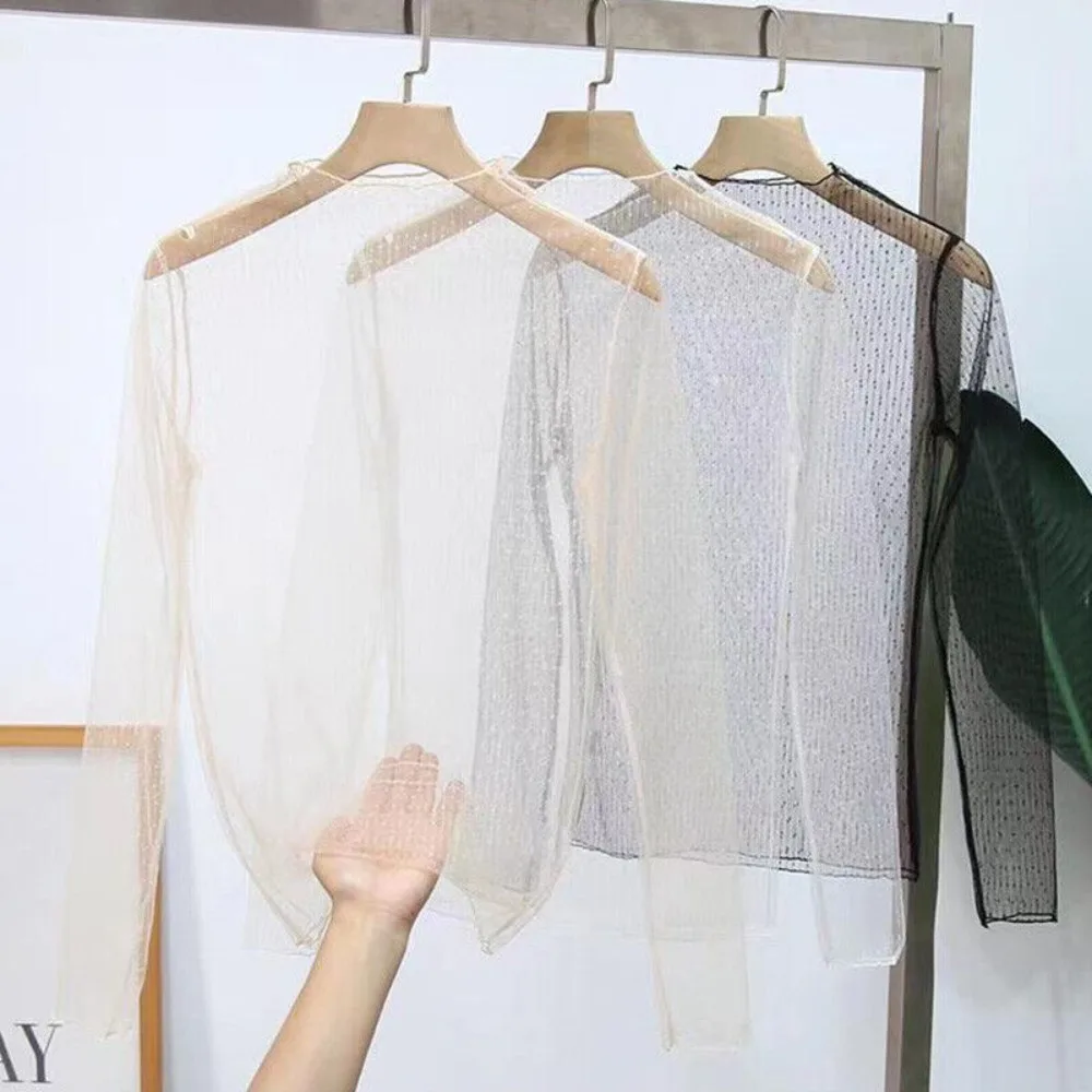 Camiseta de manga larga para mujer, blusa transparente de malla transparente, camisa inferior de encaje para playa de verano